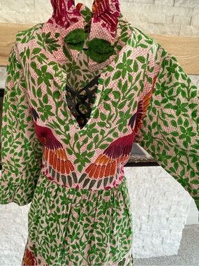 Floral Green & Pink V-Neck Maxi Dress with Bird Detail